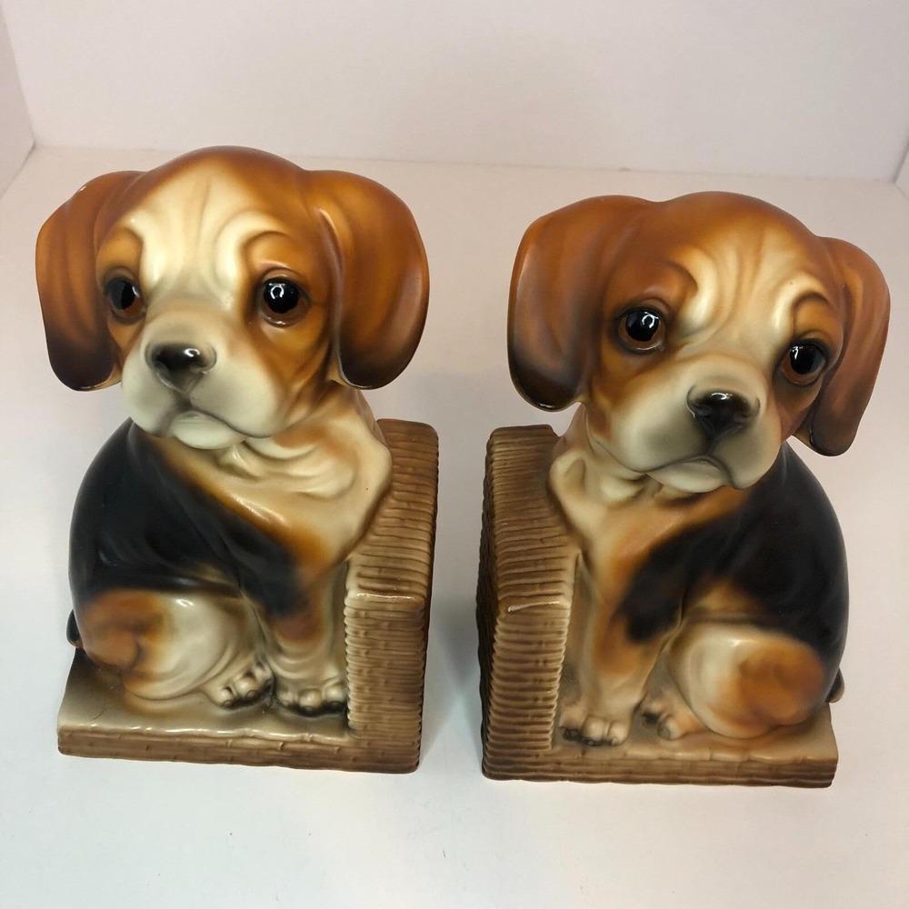 VINTAGE PUPPY DOG BOOKENDS PAIR ARDCO DALLAS JAPAN SAND FILLED READ